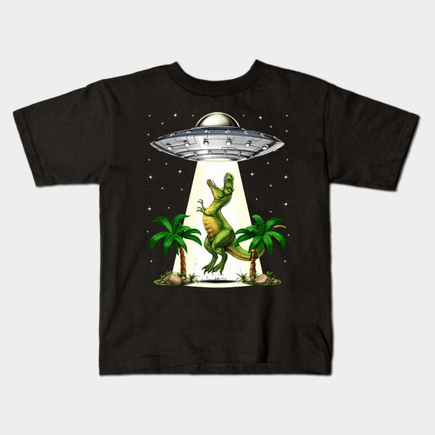 T-Rex Dinosaur Alien Abduction Kids T-Shirt by underheaven